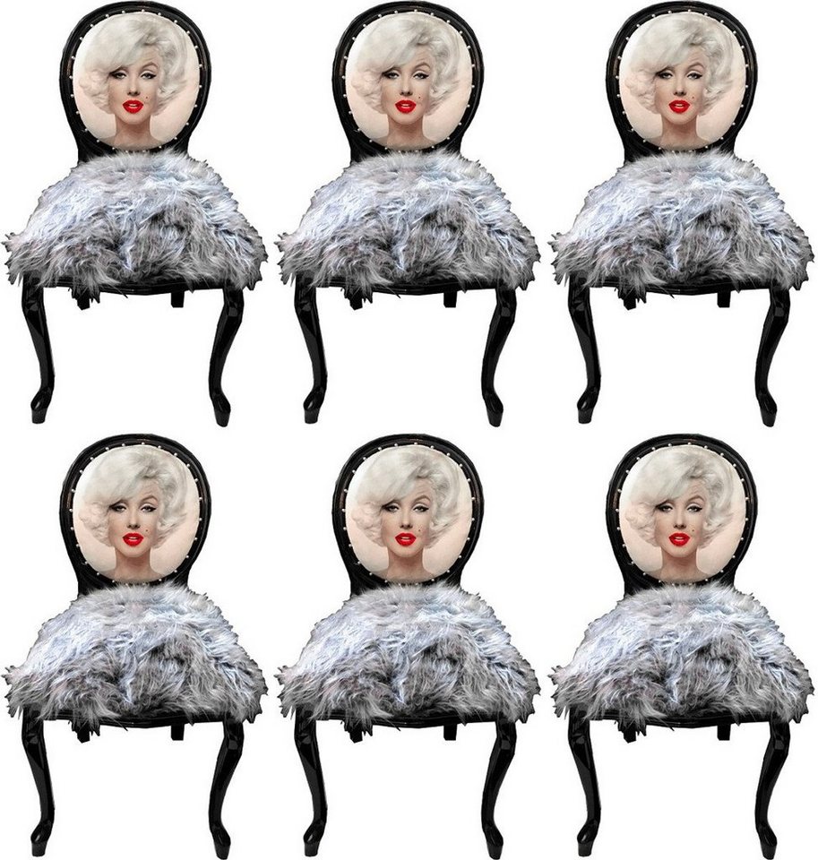Casa Padrino Esszimmerstuhl Luxus Barock Esszimmerstuhl Set Marilyn Monroe Grau / Schwarz 50 x 60 x H. 104 cm - Handgefertigte Pop Art Designer Stühle mit Kunstfell - Barock Esszimmer Möbel von Casa Padrino