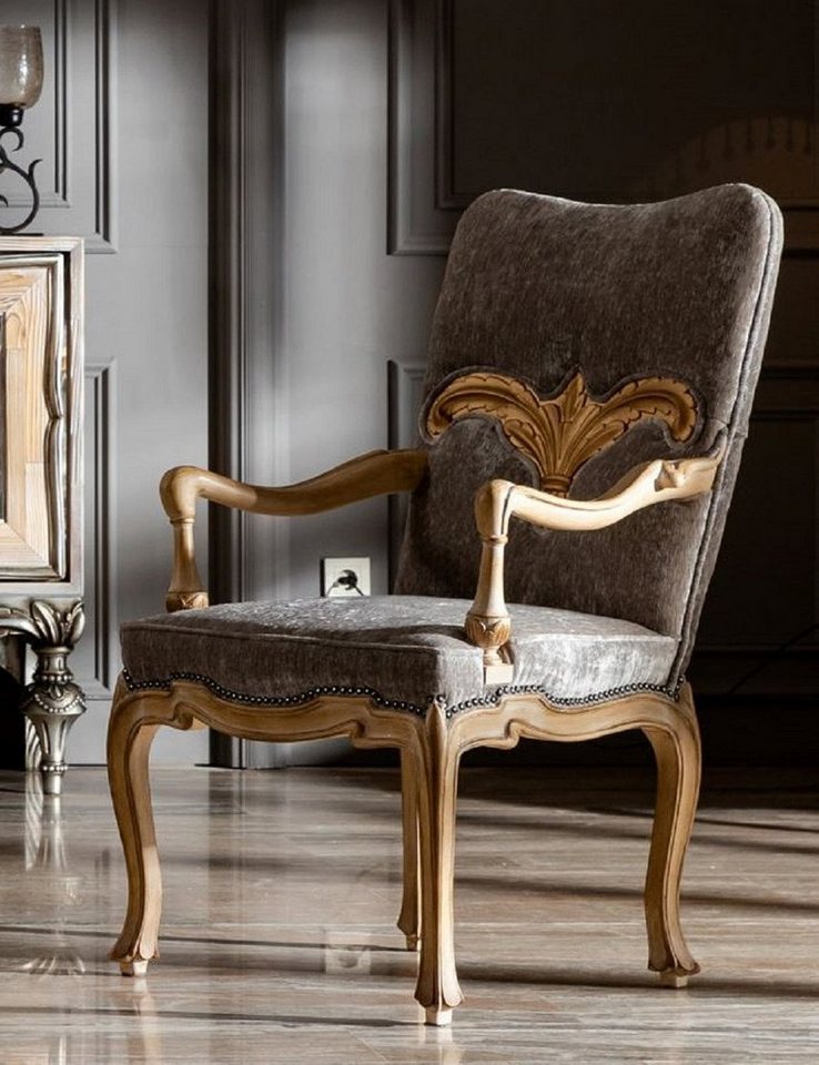 Casa Padrino Esszimmerstuhl Luxus Barock Esszimmerstuhl mit Armlehnen Grau / Naturfarben - Prunkvoller Massivholz Stuhl im Barockstil - Barock Esszimmer Möbel von Casa Padrino