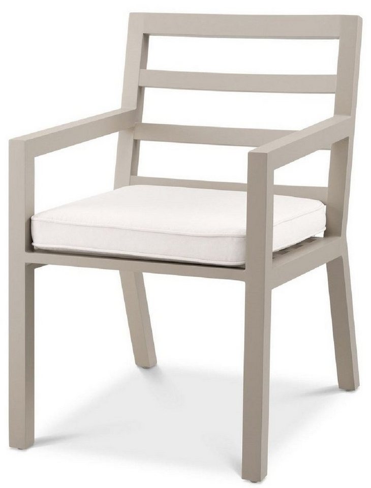 Casa Padrino Esszimmerstuhl Luxus Esszimmerstuhl mit Armlehnen Sandfarben / Weiß 56 x 66,5 x H. 87 cm - Wetterbeständiger Aluminium Stuhl mit Sitzkissen - Garten Terrassen Stuhl - Luxus Qualität von Casa Padrino