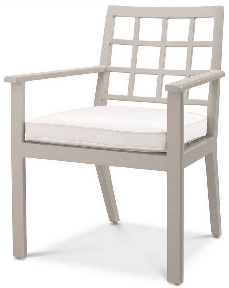 Casa Padrino Esszimmerstuhl Luxus Esszimmerstuhl mit Armlehnen Sandfarben / Weiß 64,5 x 65 x H. 88,5 cm - Wetterbeständiger Aluminium Stuhl mit Sitzkissen - Garten Terrassen Stuhl - Luxus Qualität von Casa Padrino