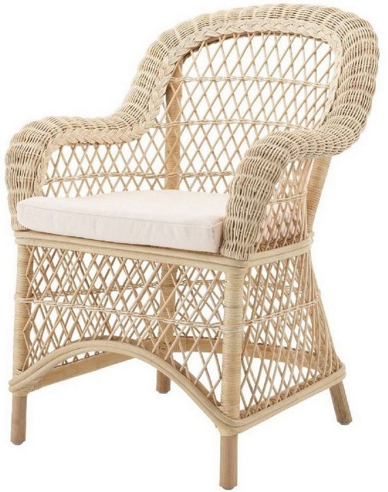 Casa Padrino Esszimmerstuhl Luxus Rattan Esszimmerstuhl mit Armlehnen und Kissen Naturfarben / Cremefarben 63 x 68 x H. 88 cm - Esszimmermöbel von Casa Padrino