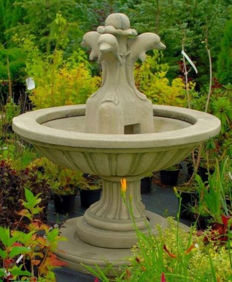 Casa Padrino Gartenbrunnen Jugendstil Gartenbrunnen Grau Ø 130 x H. 145 cm - Runder Springbrunnen mit dekorativen Delfinen - Gartendeko von Casa Padrino