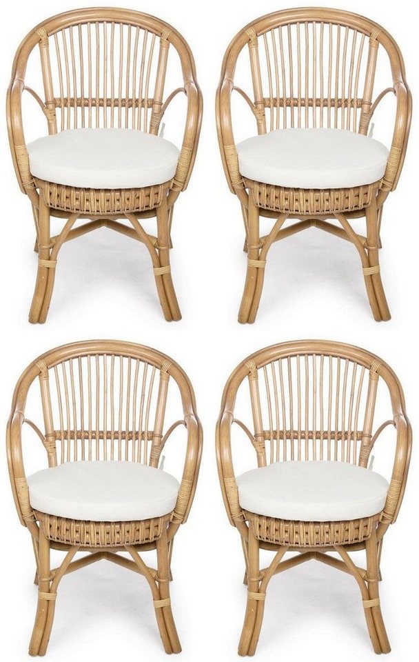 Casa Padrino Gartenstuhl Luxus Gartenstuhl 4er Set Naturfarben / Weiß 57 x 61 x H. 80 cm - Rattan Stühle mit Armlehnen und Sitzkissen - Moderne Rattan Garten & Terrassen Möbel von Casa Padrino