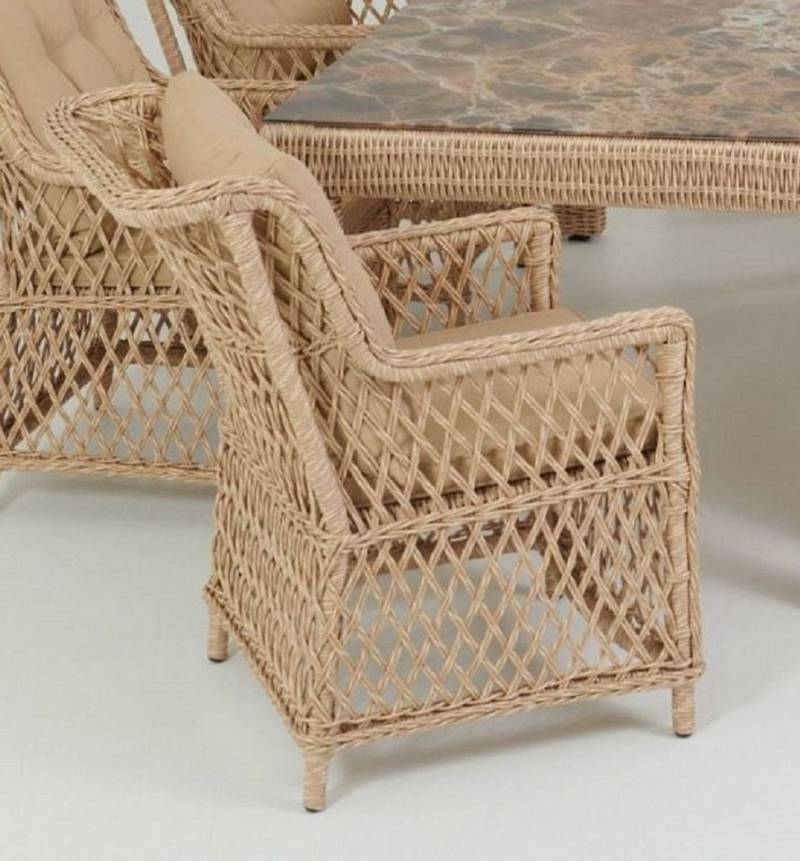 Casa Padrino Gartenstuhl Luxus Gartenstuhl 6er Set Naturfarben / Beige 57 x 61 x H. 80 cm - Rattan Stühle mit Armlehnen und Kissen - Moderne Rattan Garten & Terrassen Möbel von Casa Padrino