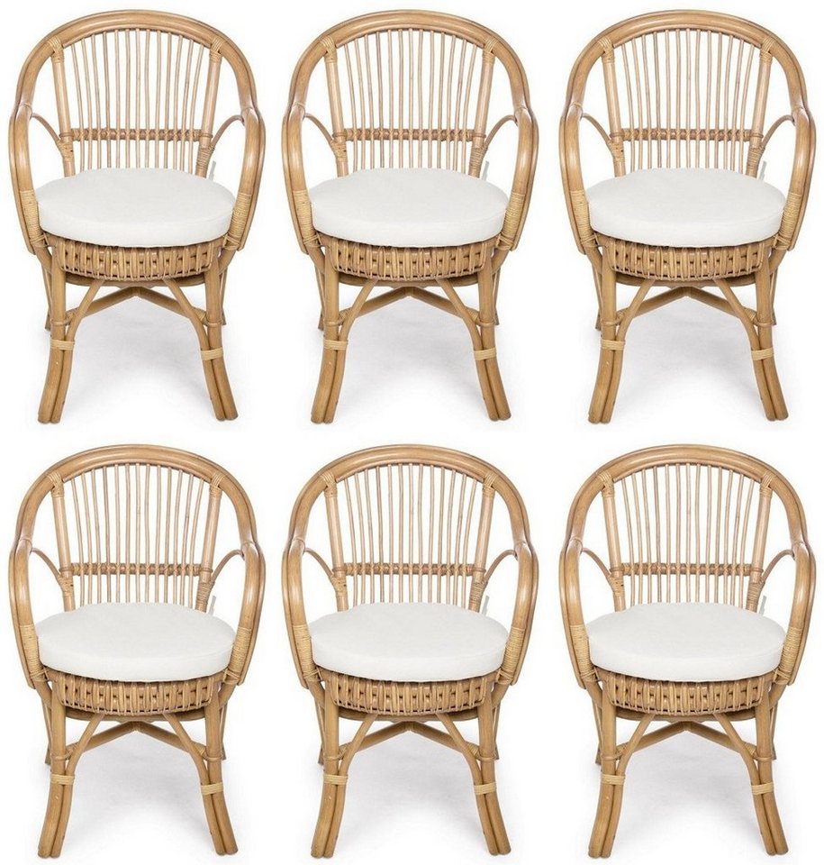 Casa Padrino Gartenstuhl Luxus Gartenstuhl 6er Set Naturfarben / Weiß 57 x 61 x H. 80 cm - Rattan Stühle mit Armlehnen und Sitzkissen - Moderne Rattan Garten & Terrassen Möbel von Casa Padrino