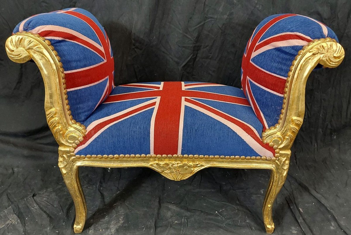 Casa Padrino Hocker Casa Padrino Barock Schemel Union Jack / Gold - Handgefertigter Antik Stil Hocker - Barockstil Hocker mit UK England Flagge - Wohnzimmer Möbel im Barockstil - Barockstil Möbel - Barock Möbel von Casa Padrino