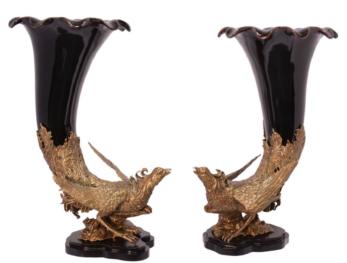 Casa Padrino Jugendstil Blumenvasen Set Fasane Schwarz / Messingfarben 34,8 x 25,5 x H. 47,3 cm - Prunkvolle Porzellan Vasen von Casa Padrino