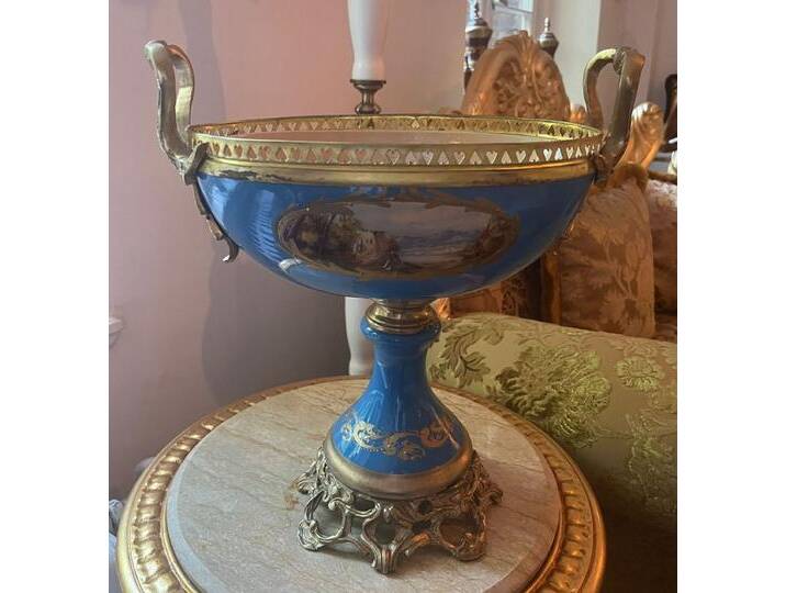 Casa Padrino Jugendstil Porzellan Schüssel Blau / Bunt / Messing H. 40 cm von Casa Padrino