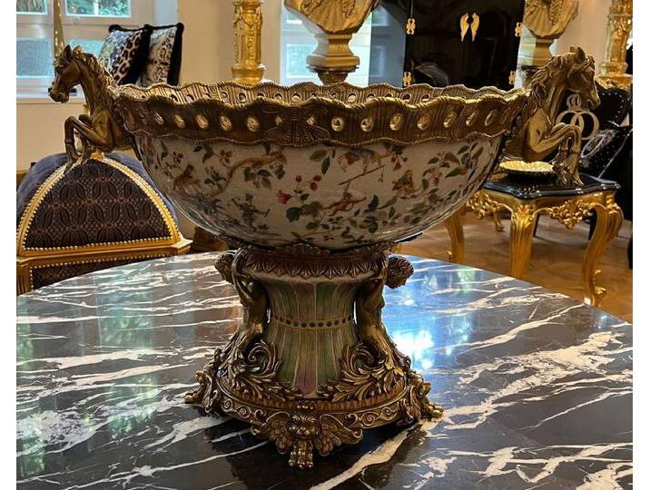 Casa Padrino Jugendstil Porzellan Schüssel Mehrfarbig / Messing 63 x 38 x H. 41 cm - Prunkvolle Porzellan Schale - Barock & Jugendstil Deko Accessoires von Casa Padrino