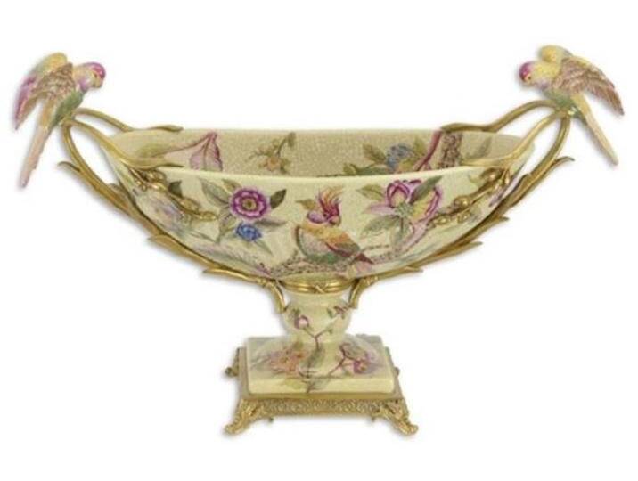 Casa Padrino Jugendstil Porzellan Schüssel mit Blumen Design und Papageien Griffen Mehrfarbig / Messingfarben 53,4 x 21,3 x H. 32,3 cm - Deko Accessoires von Casa Padrino