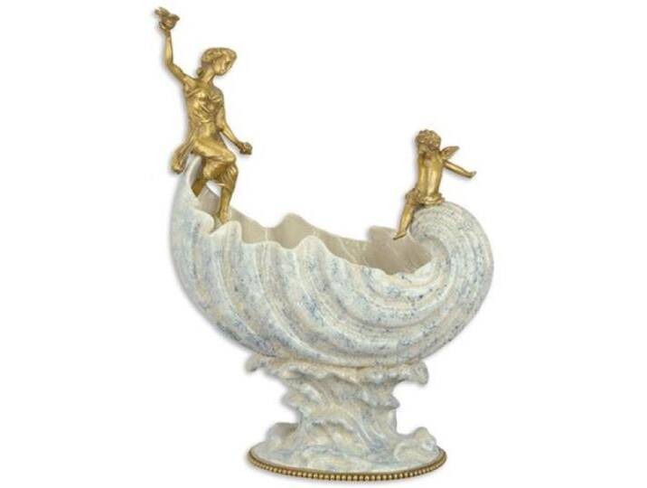 Casa Padrino Jugendstil Porzellan Schüssel mit Bronzefiguren Weiß / Blau / Gold 36,1 x 20,2 x H. 49 cm - Barock & Jugendstil Deko Accessoires von Casa Padrino