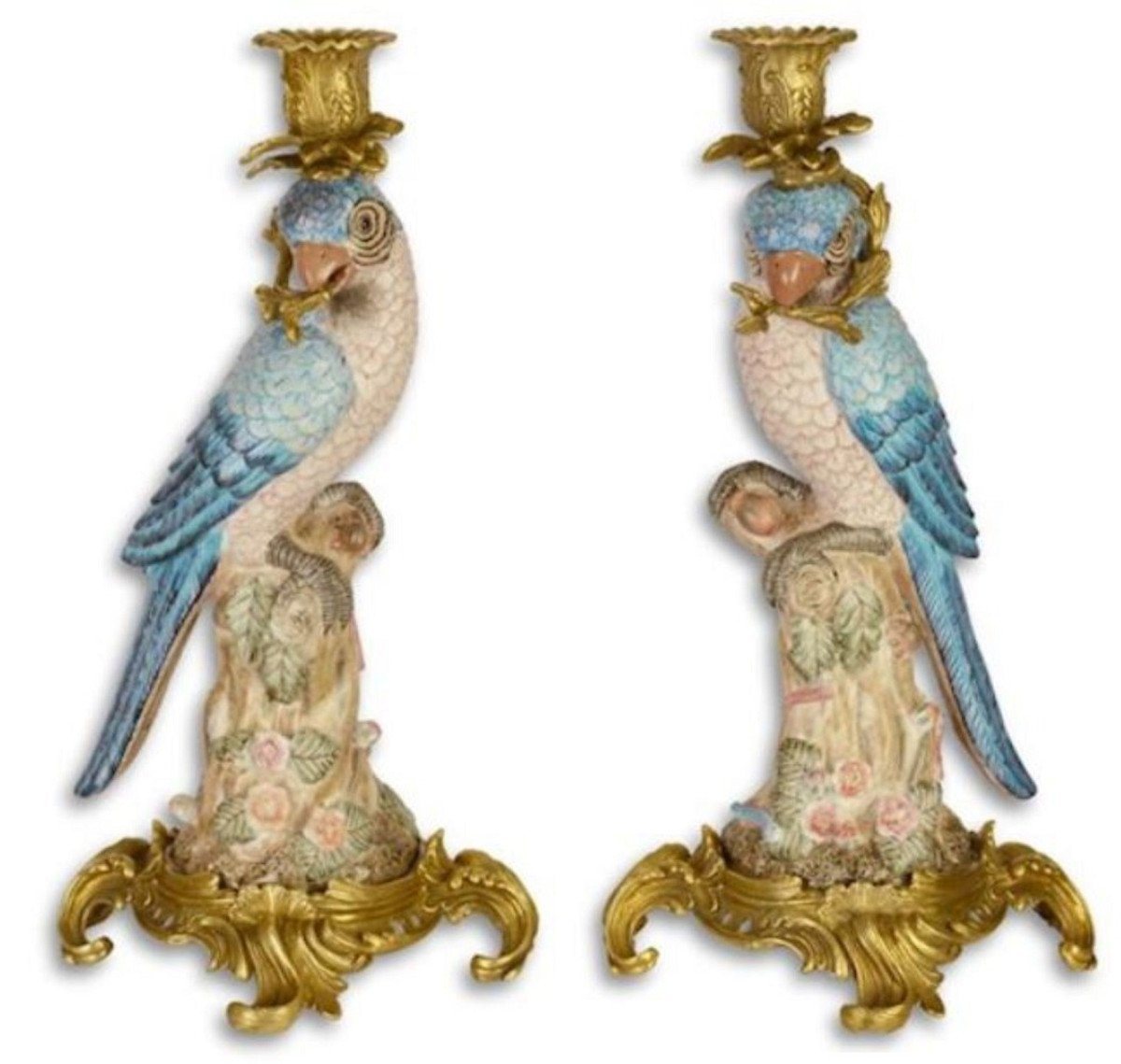 Casa Padrino Kerzenhalter Jugendstil Kerzenhalter Set Papageien Blau / Rosa / Mehrfarbig / Gold 15,3 x 15,9 x H. 36,3 cm - Porzellan Kerzenständer - Barock & Jugendstil Deko Accessoires von Casa Padrino