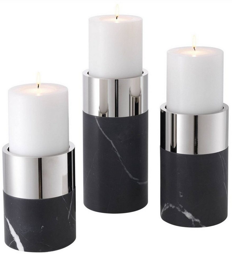 Casa Padrino Kerzenhalter Luxus Kerzenhalter Set Schwarz / Silber - 3 runde Marmor Kerzenhalter - Luxus Qualität - Deko Accessoires von Casa Padrino