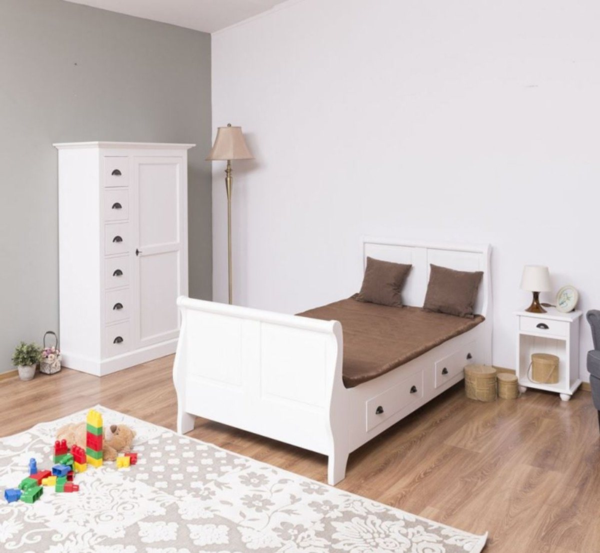 Casa Padrino Kinderbett Massivholz Kinderzimmer Möbel Set Weiß - 1 Einzelbett & 1 Kleiderschrank & 1 Nachttisch - Möbel von Casa Padrino