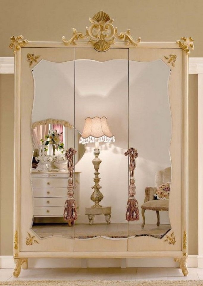 Casa Padrino Kleiderschrank Luxus Barock Schlafzimmerschrank Cremefarben / Gold - Handgefertigter Kleiderschrank mit 3 verspieglten Türen - Barock Schlafzimmer Möbel - Luxus Qualität - Made in Italy von Casa Padrino
