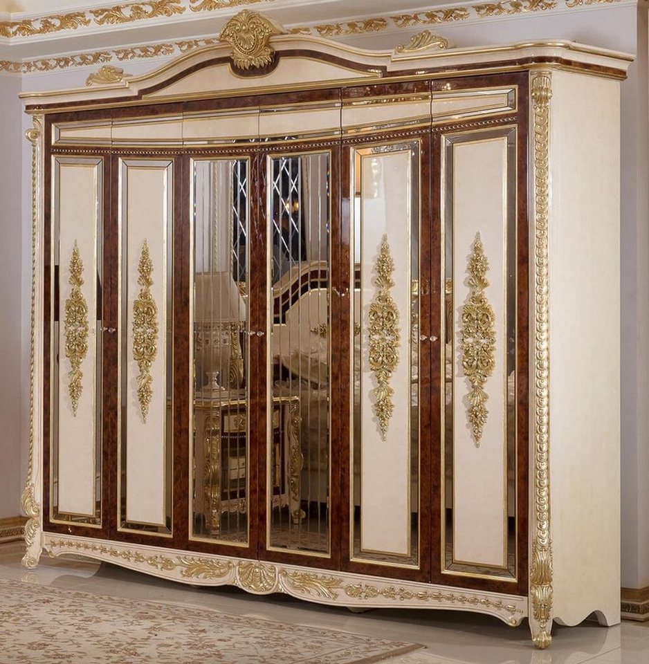 Casa Padrino Kleiderschrank Luxus Barock Schlafzimmerschrank Weiß / Beige / Braun / Gold - Prunkvoller Massivholz Kleiderschrank im Barockstil - Barock Schlafzimmer & Hotel Möbel - Edel & Prunkvoll von Casa Padrino