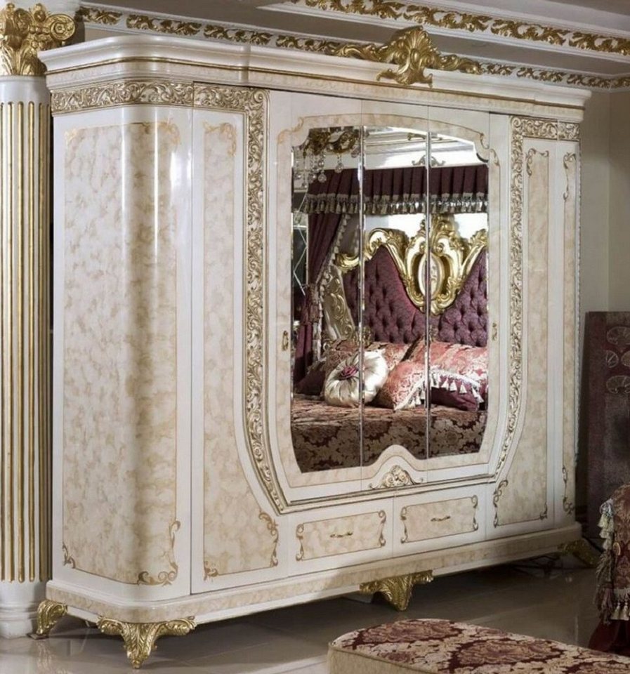 Casa Padrino Kleiderschrank Luxus Barock Schlafzimmerschrank Weiß / Beige / Gold - Prunkvoller Massivholz Kleiderschrank im Barockstil - Barock Schlafzimmer & Hotel Möbel - Edel & Prunkvoll von Casa Padrino