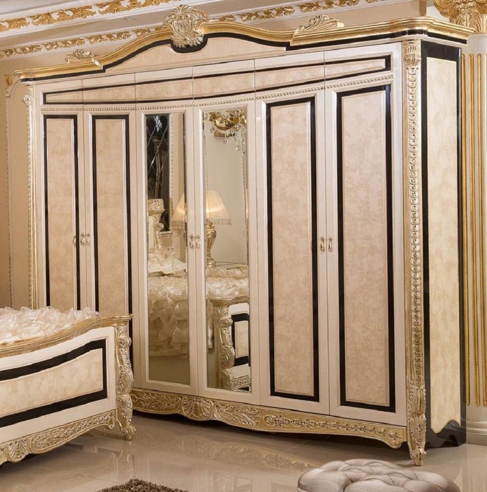 Casa Padrino Kleiderschrank Luxus Barock Schlafzimmerschrank Weiß / Beige / Schwarz / Gold - Prunkvoller Massivholz Kleiderschrank im Barockstil - Barock Schlafzimmer & Hotel Möbel - Edel & Prunkvoll von Casa Padrino