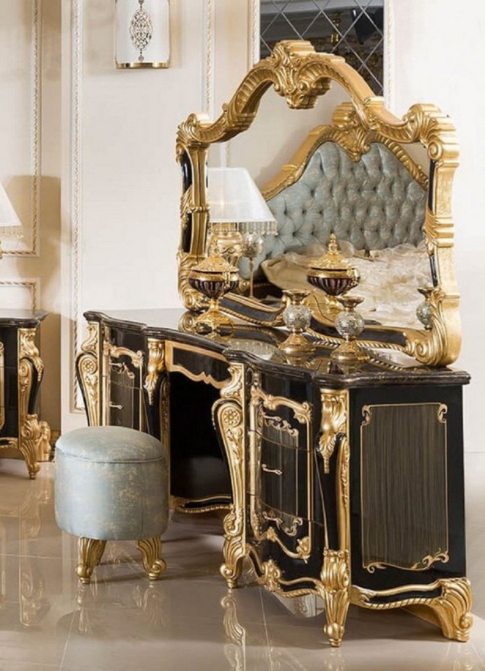 Casa Padrino Kommode Casa Padrino Luxus Barock Schlafzimmer Set Schwarz / Gold / Hellblau - 1 Barock Schminkkommode & 1 Barock Spiegel & 1 Barock Hocker - Barock Schlafzimmer Möbel - Edel & Prunkvoll von Casa Padrino