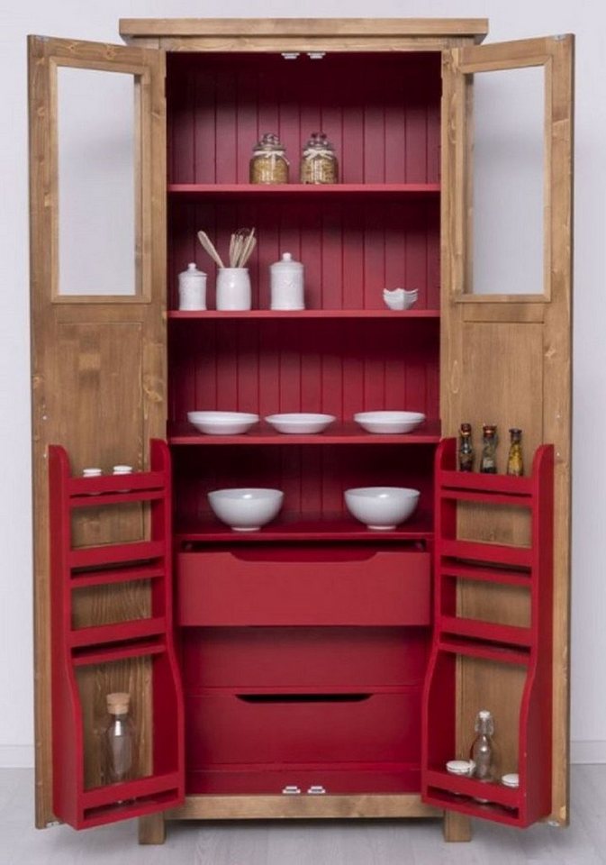 Casa Padrino Küchenbuffet Casa Padrino Landhausstil Esszimmerschrank Naturfarben / Rot 96 x 65 x H. 220 cm - Massivholz Küchenschrank mit 2 Türen - Esszimmer Möbel im Landhausstil - Landhausstil Esszimmer Einrichtung von Casa Padrino