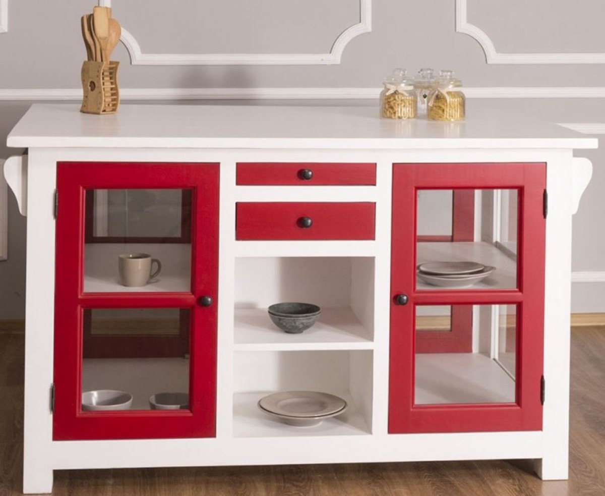 Casa Padrino Küchenbuffet Landhausstil Kücheninsel Weiß / Rot 150 x 90 x H. 90 cm - Massivholz Küchenschrank mit 4 Glastüren und 4 Schubladen - Landhausstil Küchenmöbel von Casa Padrino