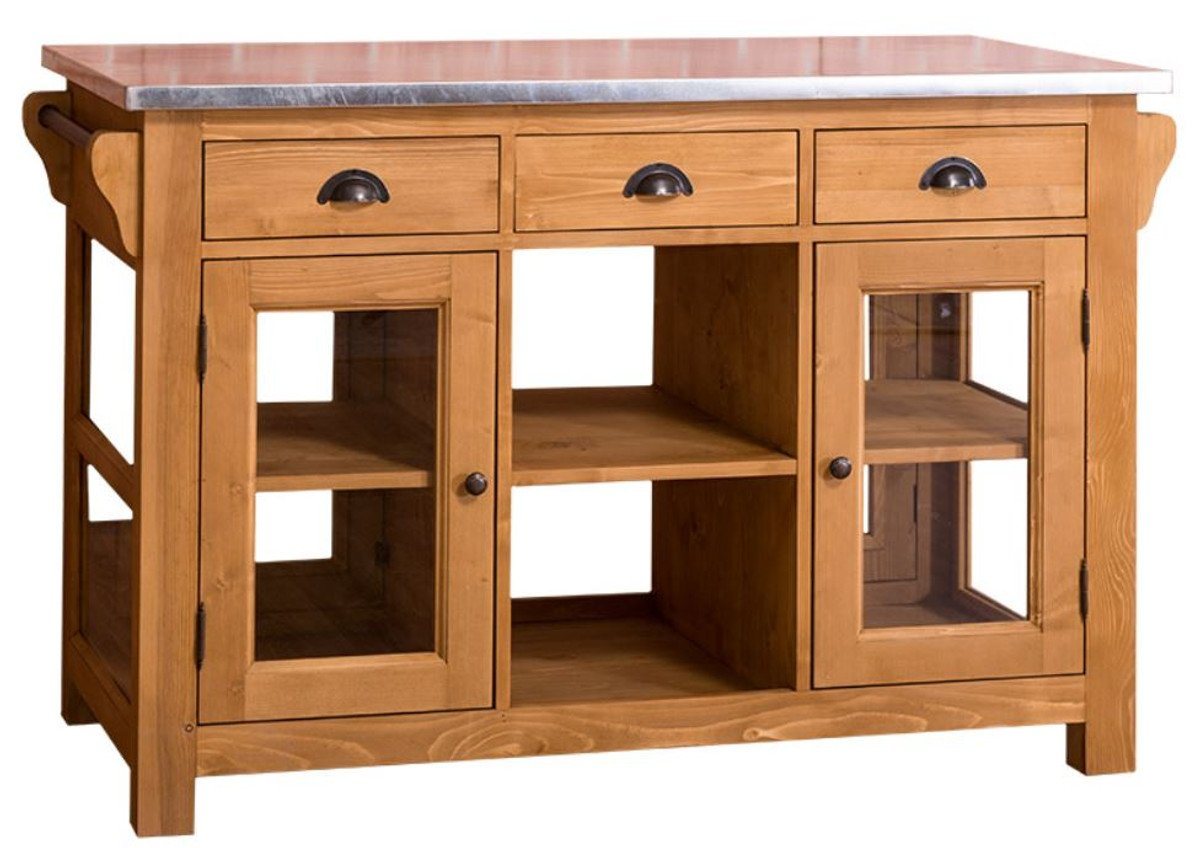 Casa Padrino Küchenbuffet Landhausstil Kücheninsel mit zerzinkter Arbeitsplatte Naturfarben / Silber 135 x 65 x H. 90 cm - Landhausstil Küchenschrank mit 4 Glastüren und 6 Schubladen von Casa Padrino