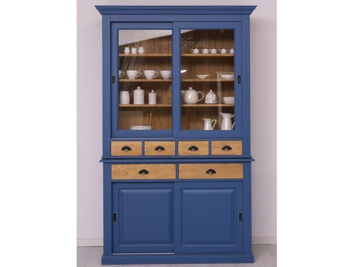 Casa Padrino Landhausstil Esszimmerschrank Blau / Naturfarben 142 x 48 x H. 225 cm - Massivholz Küchenschrank - Landhausstil Esszimmer Möbel von Casa Padrino