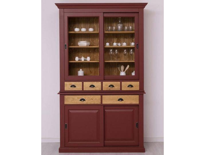 Casa Padrino Landhausstil Esszimmerschrank Bordeauxrot / Naturfarben 142 x 48 x H. 225 cm - Massivholz Küchenschrank - Landhausstil Esszimmer Möbel von Casa Padrino