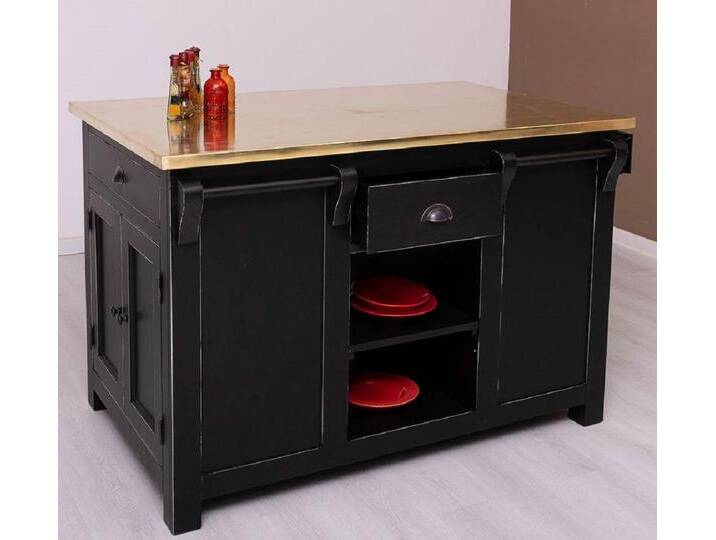 Casa Padrino Landhausstil Shabby Chic Kücheninsel mit verzinkter Tischplatte Antik Schwarz / Gold 135 x 85 x H. 90 cm - Massivholz Esszimmerschrank - Esszimmer Möbel im Landhausstil von Casa Padrino