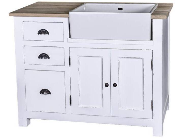 Casa Padrino Landhausstil Spülenschrank mit 2 Türen und 3 Schubladen Antik Weiß / Naturfarben 118 x 65 x H. 90 cm - Shabby Chic Küchenmöbel von Casa Padrino