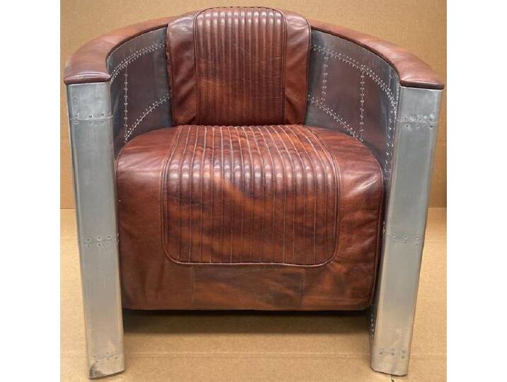 Casa Padrino Luxus Art Deco Leder Sessel Vintage Braun / Silber - Aluminium Wohnzimmer Sessel mit hochwertigem Echtleder - Lounge Sessel - Flugzeug Flieger Echtleder Möbel Casa Padrino Luxus Art Deco Leder Sessel Vintage Braun / Silber - Aluminium Wohnzimmer Sessel mit hochwertigem Echtleder - Lounge Sessel - Flugzeug Flieger Echtleder Möbel von Casa Padrino