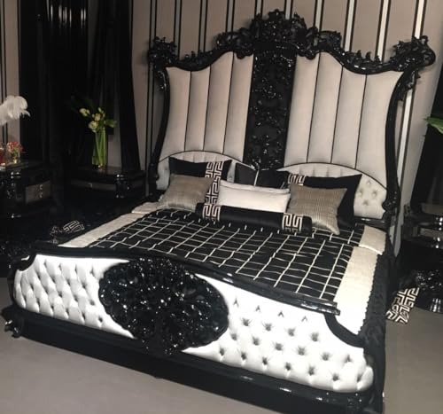 Casa Padrino Luxus Barock Doppelbett Schwarz/Weiß - Edles Massivholz Bett mit Kopfteil - Prunkvolle Schlafzimmer Möbel im Barockstil von Casa Padrino