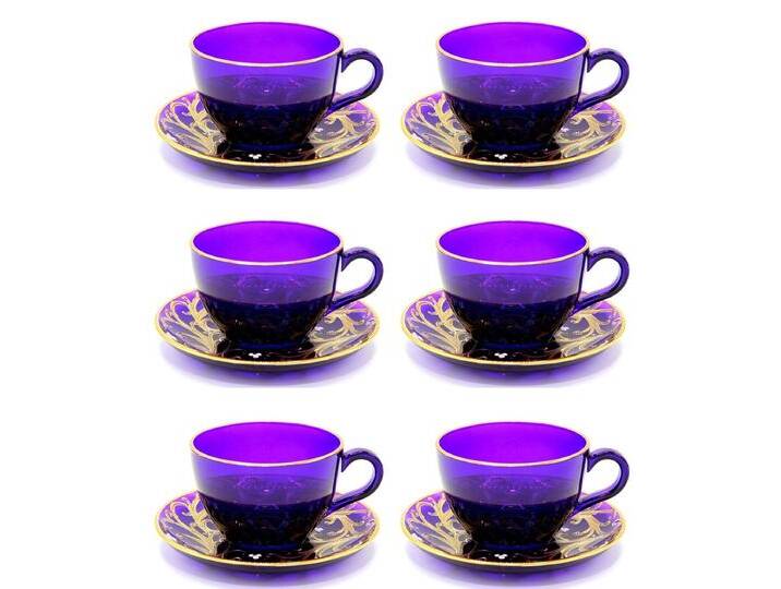 Casa Padrino Luxus Barock Kaffee / Tee Tassen 6er Set Lila / Gold - Handgefertigte & handbemalte Tassen mit Untertassen - Hotel & Restaurant Accessoires - Luxus Qualität von Casa Padrino