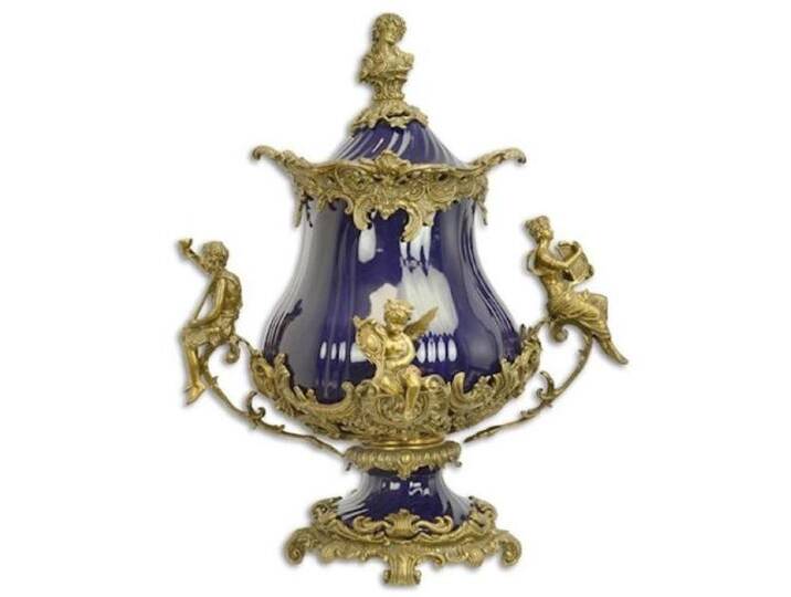 Casa Padrino Luxus Barock Porzellan Schüssel mit Deckel und 2 Messing Griffen von Casa Padrino