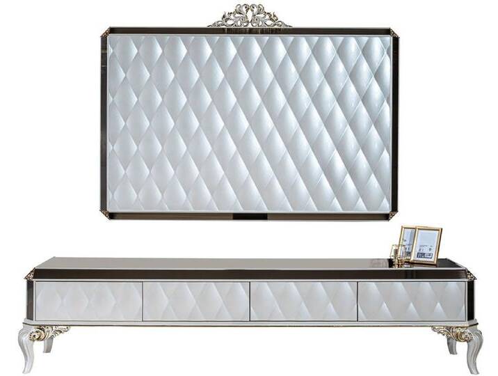 Casa Padrino Luxus Barock TV Schrank Weiß / Gold / Schwarz 235 x 52 x H. 54 cm - Edles Massivholz Lowboard mit TV Wand - Wohnzimmerschrank - Wohnzimmer Möbel im Barockstil von Casa Padrino