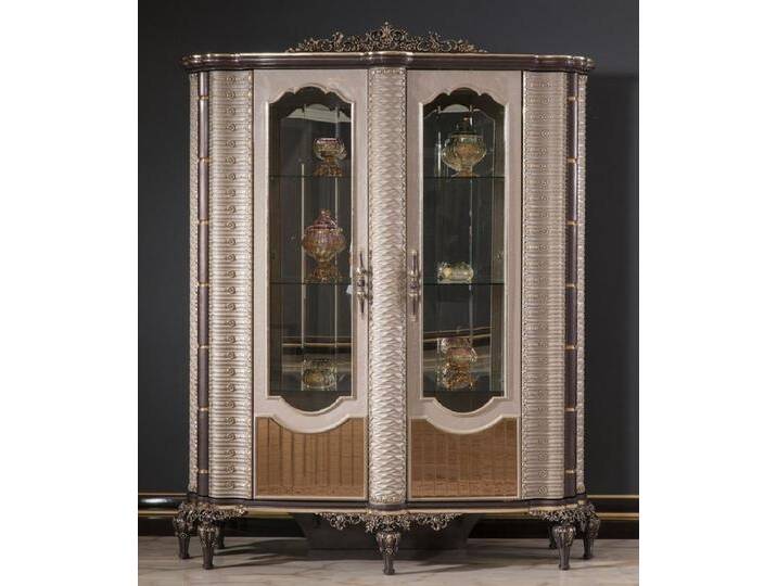 Casa Padrino Luxus Barock Vitrine Grau / Braun / Gold - Prunkvoller Massivholz Vitrinenschrank mit 2 Glastüren - Barock Möbel - Edel & Prunkvoll von Casa Padrino