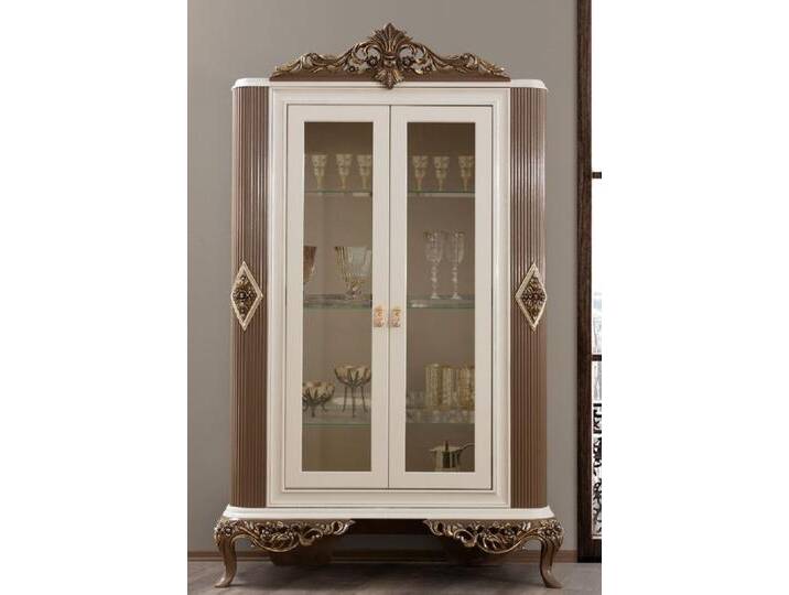 Casa Padrino Luxus Barock Wohnzimmer Vitrine Weiß / Braun / Gold 130 x 50 x H. 220 cm - Prunkvoller Barock Vitrinenschrank mit 2 Glastüren - Edle Barock Möbel von Casa Padrino