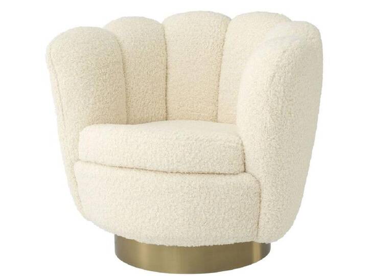 Casa Padrino Luxus Drehsessel Weiß / Messingfarben 95 x 83 x H. 83 cm - Wohnzimmer Sessel mit künstlichem Lammfell - Luxus Möbel von Casa Padrino