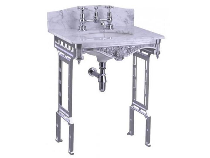 Casa Padrino Luxus Jugendstil Stand Waschtisch Weiß / Aluminium mit Marmorplatte mit Spritzschutz hinten - Barock Waschbecken Barockstil Antik Stil von Casa Padrino