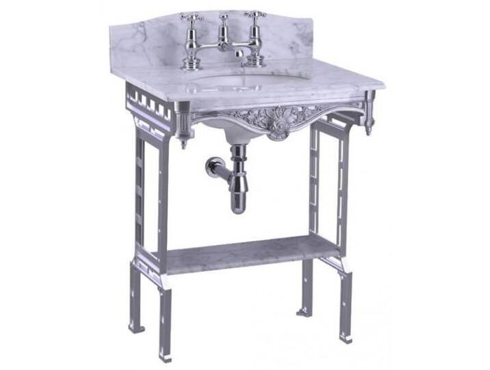 Casa Padrino Luxus Jugendstil Stand Waschtisch Weiß / Aluminium mit Marmorplatte mit Spritzschutz hinten und Ablage Barock Waschbecken Barockstil Antik Stil von Casa Padrino