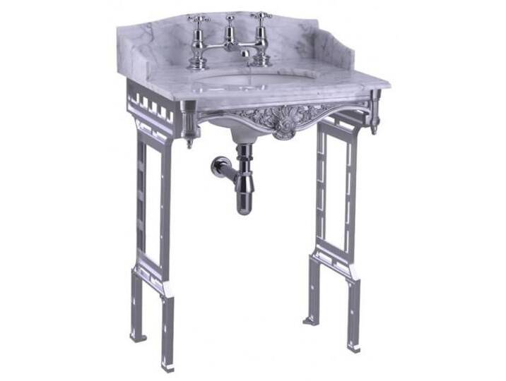 Casa Padrino Luxus Jugendstil Stand Waschtisch Weiß / Aluminium mit Marmorplatte mit Spritzschutz hinten und seitlich - Barock Waschbecken Barockstil Antik Stil von Casa Padrino