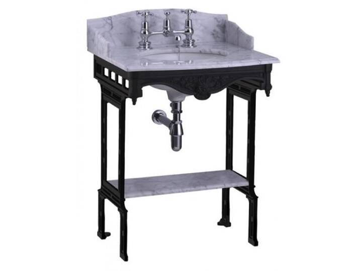 Casa Padrino Luxus Jugendstil Stand Waschtisch Weiß / Schwarz mit Marmorplatte mit Spritzschutz hinten, seitlich und Ablage Barock Waschbecken Barockstil Antik Stil von Casa Padrino