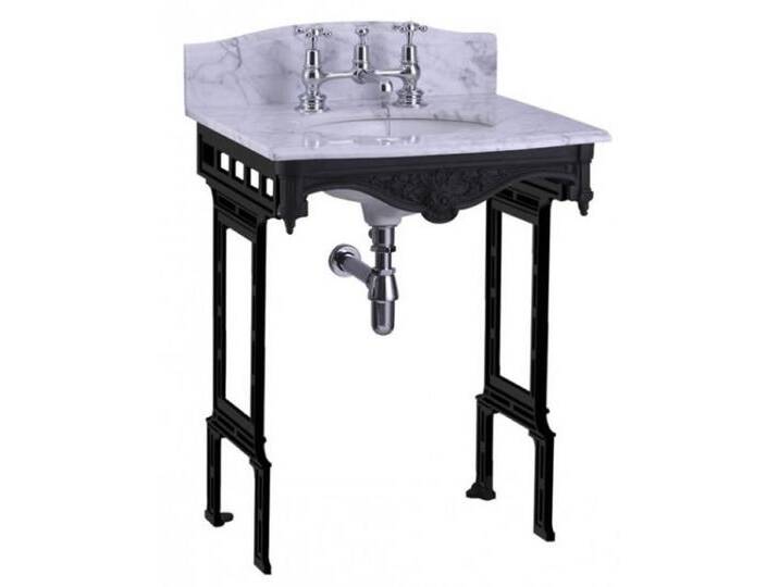 Casa Padrino Luxus Jugendstil Stand Waschtisch Weiß / Schwarz mit Marmorplatte mit Spritzschutz hinten - Barock Waschbecken Barockstil Antik Stil von Casa Padrino