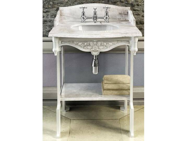 Casa Padrino Luxus Jugendstil Stand Waschtisch Weiß / Weiß mit Marmorplatte mit Spritzschutz hinten, seitlich und Ablage Barock Waschbecken Barockstil Antik Stil von Casa Padrino