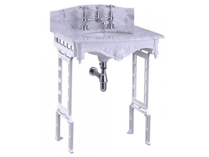 Casa Padrino Luxus Jugendstil Stand Waschtisch Weiß / Weiß mit Marmorplatte mit Spritzschutz hinten - Barock Waschbecken Barockstil Antik Stil von Casa Padrino