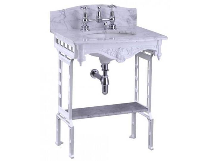 Casa Padrino Luxus Jugendstil Stand Waschtisch Weiß / Weiß mit Marmorplatte mit Spritzschutz hinten und Ablage Barock Waschbecken Barockstil Antik Stil von Casa Padrino