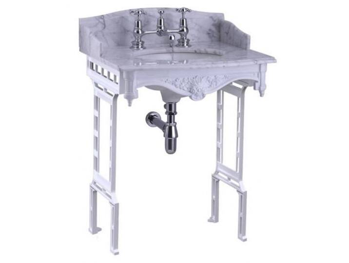 Casa Padrino Luxus Jugendstil Stand Waschtisch Weiß / Weiß mit Marmorplatte mit Spritzschutz hinten und seitlich - Barock Waschbecken Barockstil Antik Stil von Casa Padrino