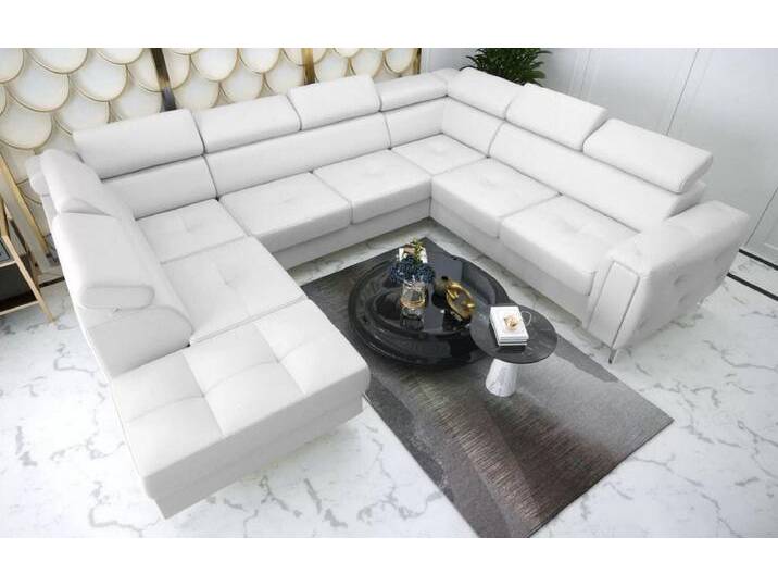 Casa Padrino Luxus Leder Wohnlandschaft Weiß / Silber 350 x 255 x H. 78-99 cm - Naturleder U-Form Sofa mit verstellbaren Kopfstützen - Wohnzimmer Möbel - Leder Möbel - Luxus Möbel von Casa Padrino