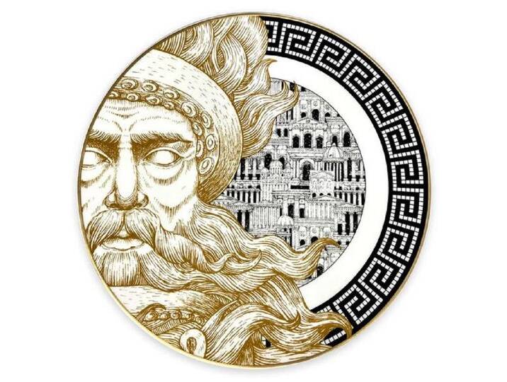 Casa Padrino Luxus Porzellan Teller Gott (linke Seite) Weiß / Schwarz / Gold Ø 29 cm - Handbemalter Porzellan Essteller - Luxus Qualität - Made in Italy von Casa Padrino