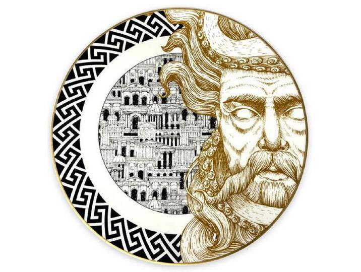 Casa Padrino Luxus Porzellan Teller Gott (rechte Seite) Weiß / Schwarz / Gold Ø 29 cm - Handbemalter Porzellan Essteller - Luxus Qualität - Made in Italy von Casa Padrino